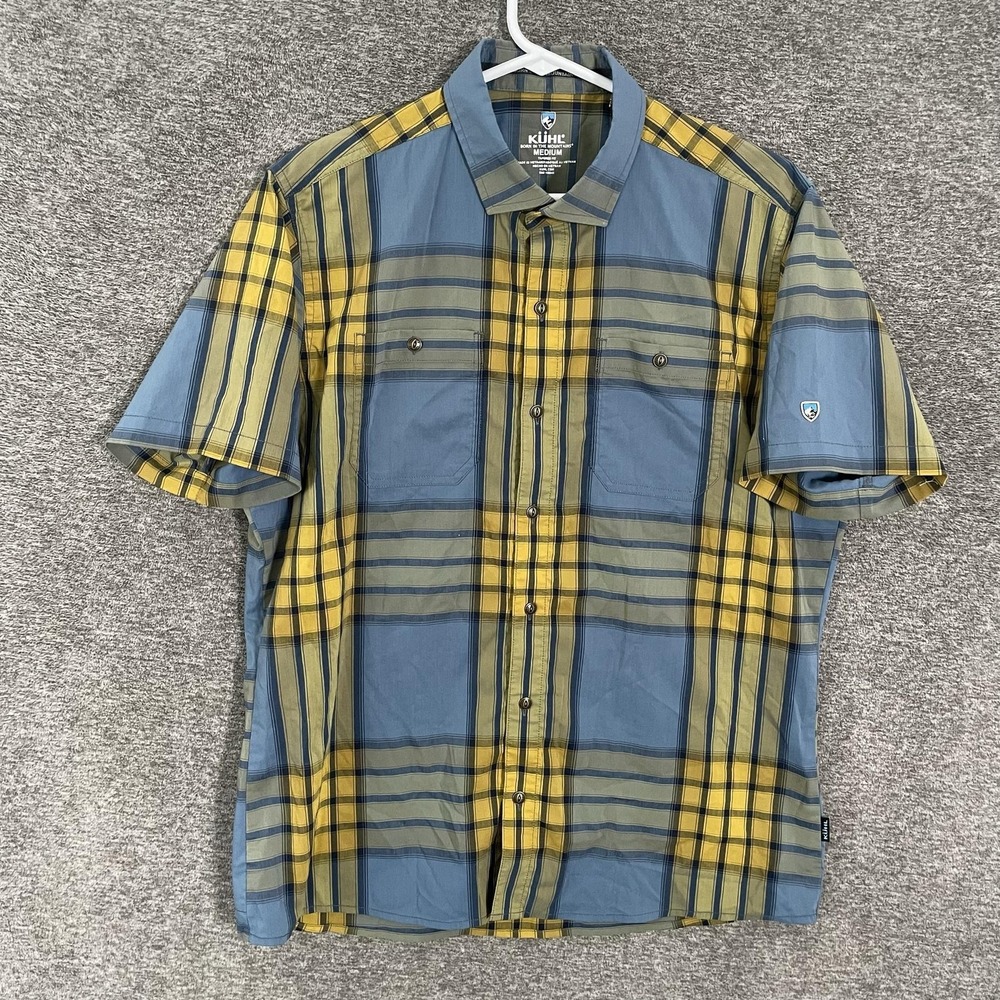 Kuhl Styk Shirt Mens Medium Blue Yellow Plaid Polyester Short Sleeve Hiking 7383